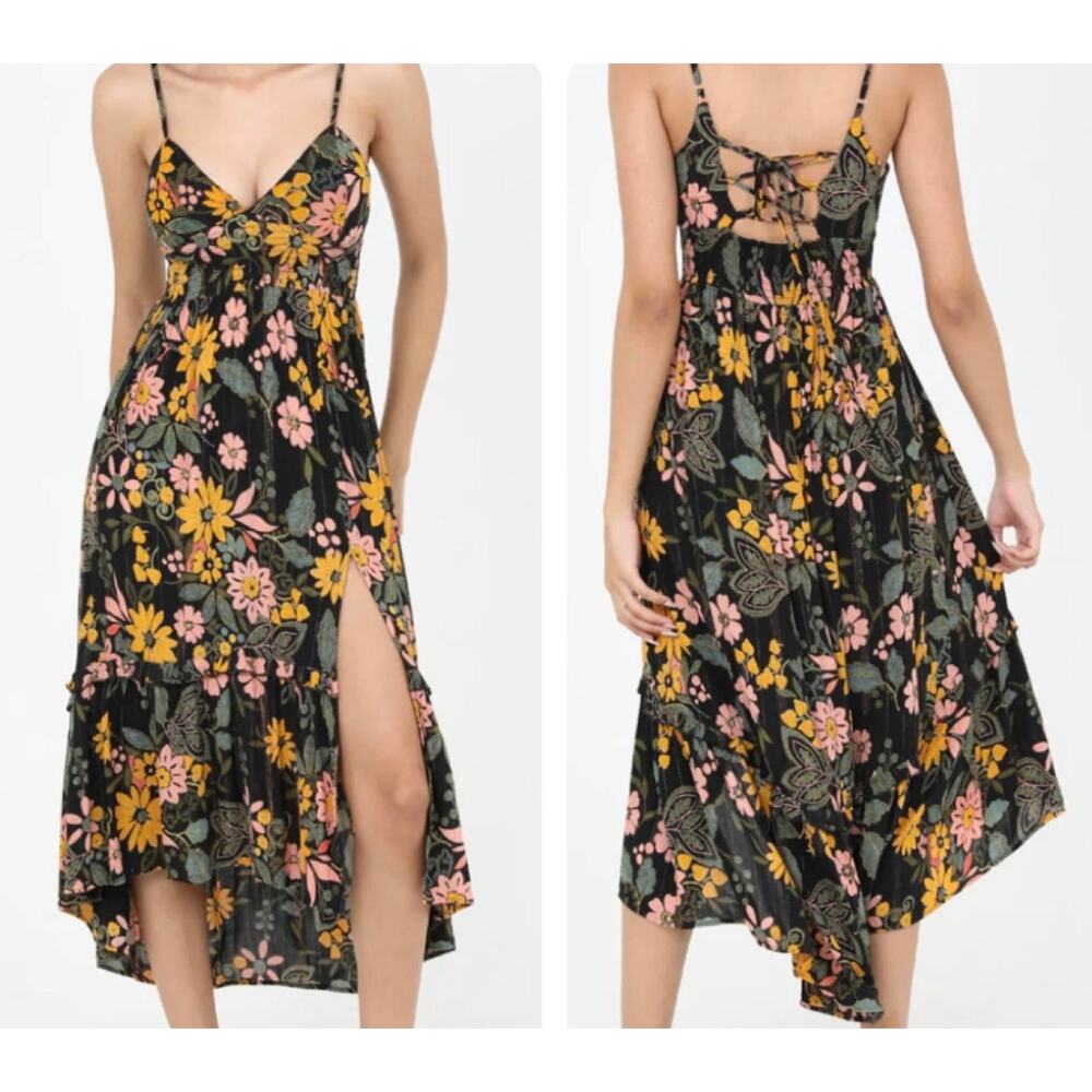 ANGIE Black Multi Floral Corset Lace-Up Sundress Dress Smocked Waist - Sz Large
